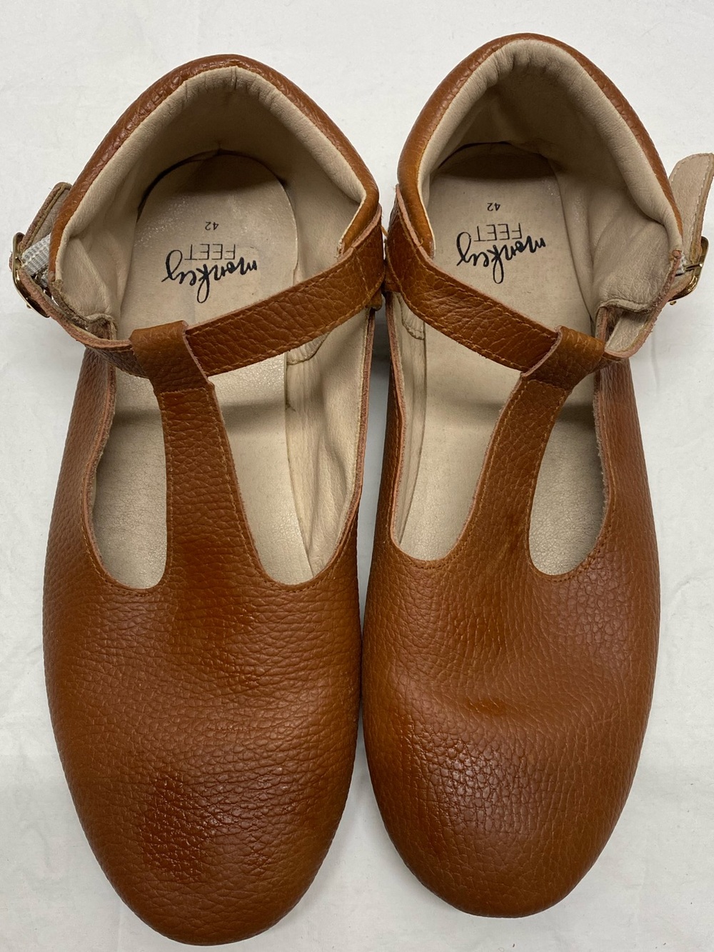 * Monkey Feet size 11 T-strap Mary Jane pebbled brown leather minimalist shoe